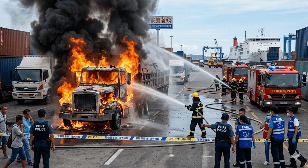 Blaze at the Port: Cargo Truck Catches Fire in Batangas Port Marshalling Area