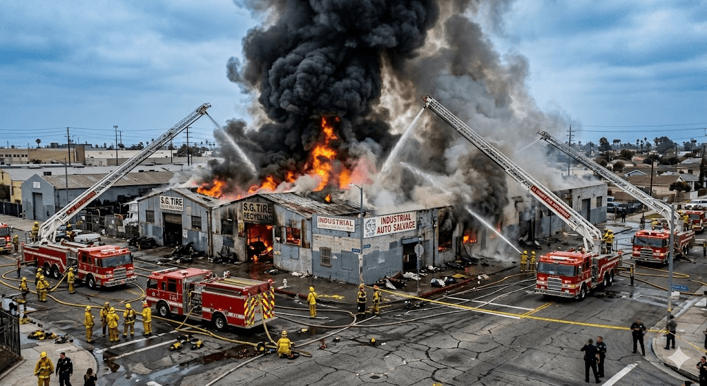 Inferno in South Gate: Massive Industrial Fire Sends Thick Smoke and Flames Skyward