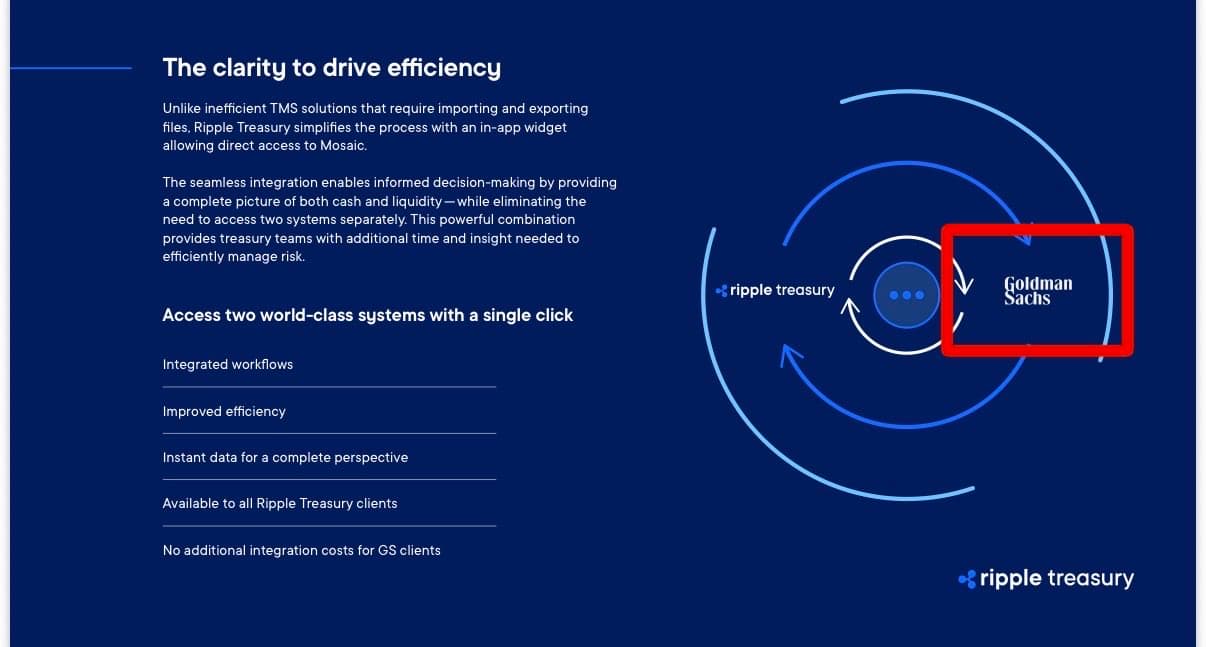Ripple Treasury Expands Institutional Ecosystem with Goldman Sachs Mosaic Integration for Liquidity Management Ripple Treasury Expands Institutional Ecosystem with Goldman Sachs Mosaic Integration for Liquidity Management
