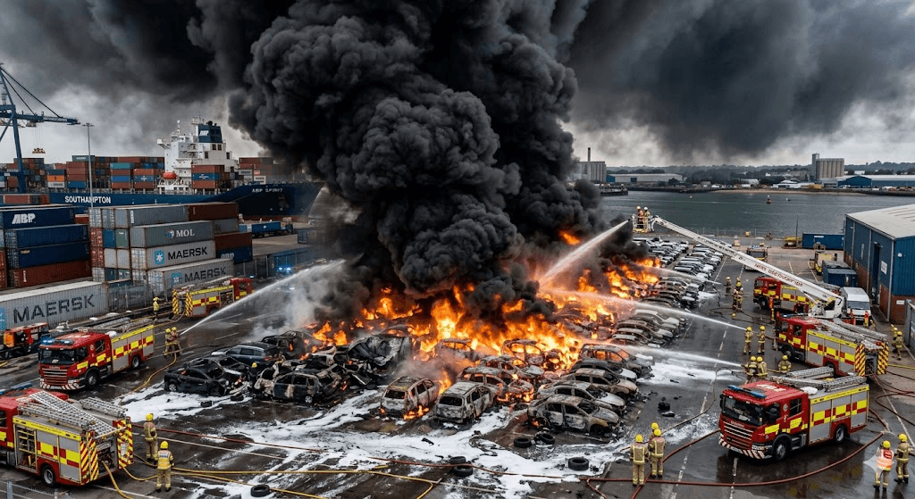 Inferno at the Port: Massive Fire Destroys 33 Cars as Black Smoke Blankets Southampton Docks Inferno at the Port: Massive Fire Destroys 33 Cars as Black Smoke Blankets Southampton Docks