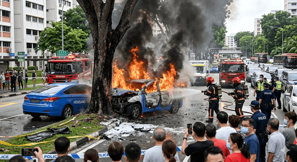 Fiery Crash in Hougang: Taxi Bursts Into Flames After Colliding With Car and Smashing Into Tree