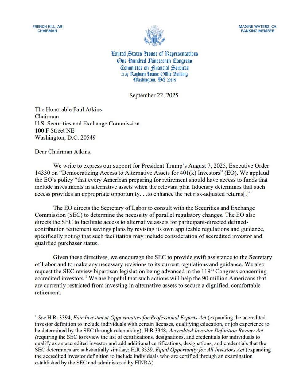 Congress Pushes SEC to Open 401(k)s to Alternative Assets Congress Pushes SEC to Open 401(k)s to Alternative Assets