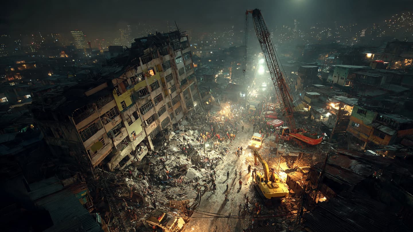 Under Monsoon Skies and Floodlights: Rescue Crews Step Back From the Ruins
