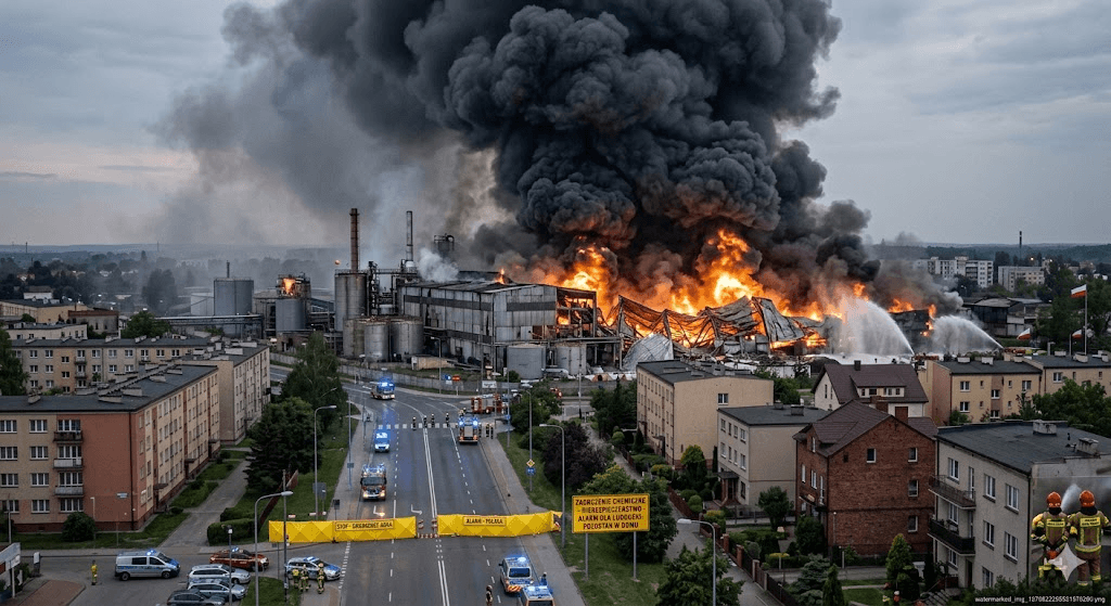 Inferno in Poland: Huge Industrial Fire Triggers Emergency Lockdown as Thick Smoke Blankets Area