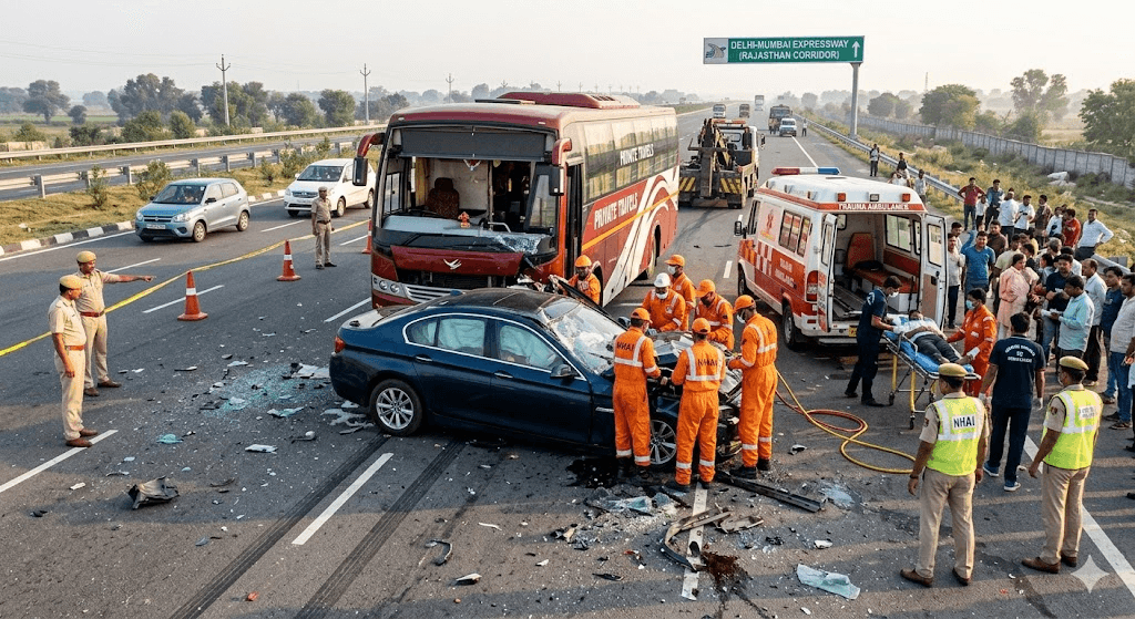 Tragedy on Delhi-Mumbai Expressway: 4 Killed in Devastating Car-Bus Collision Tragedy on Delhi-Mumbai Expressway: 4 Killed in Devastating Car-Bus Collision