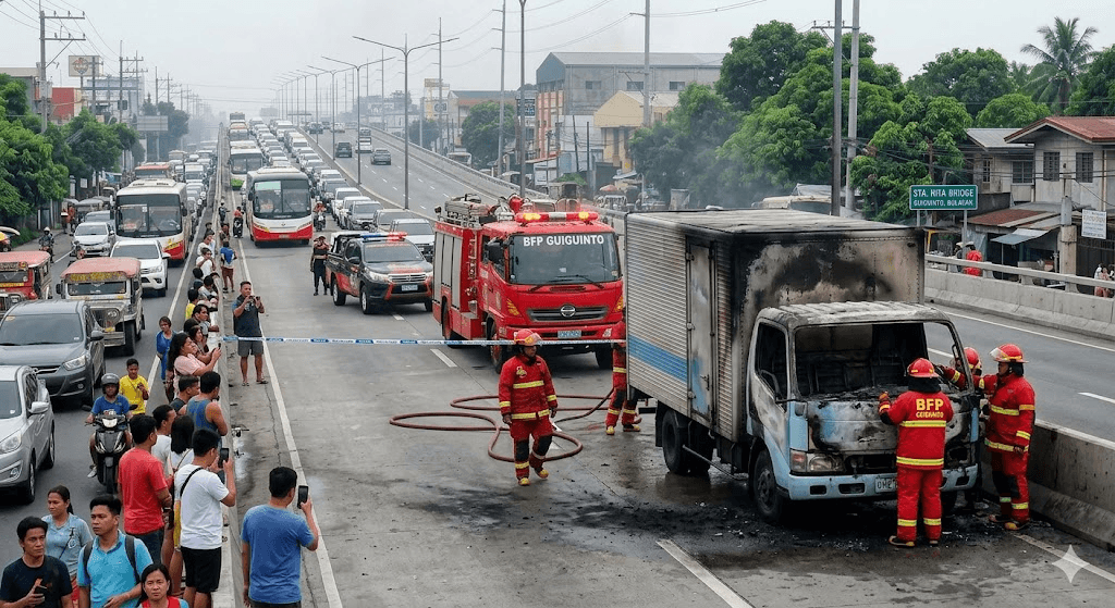 Fiery Commute: Delivery Truck Ignites on Busy Guiguinto Bridge During Morning Rush