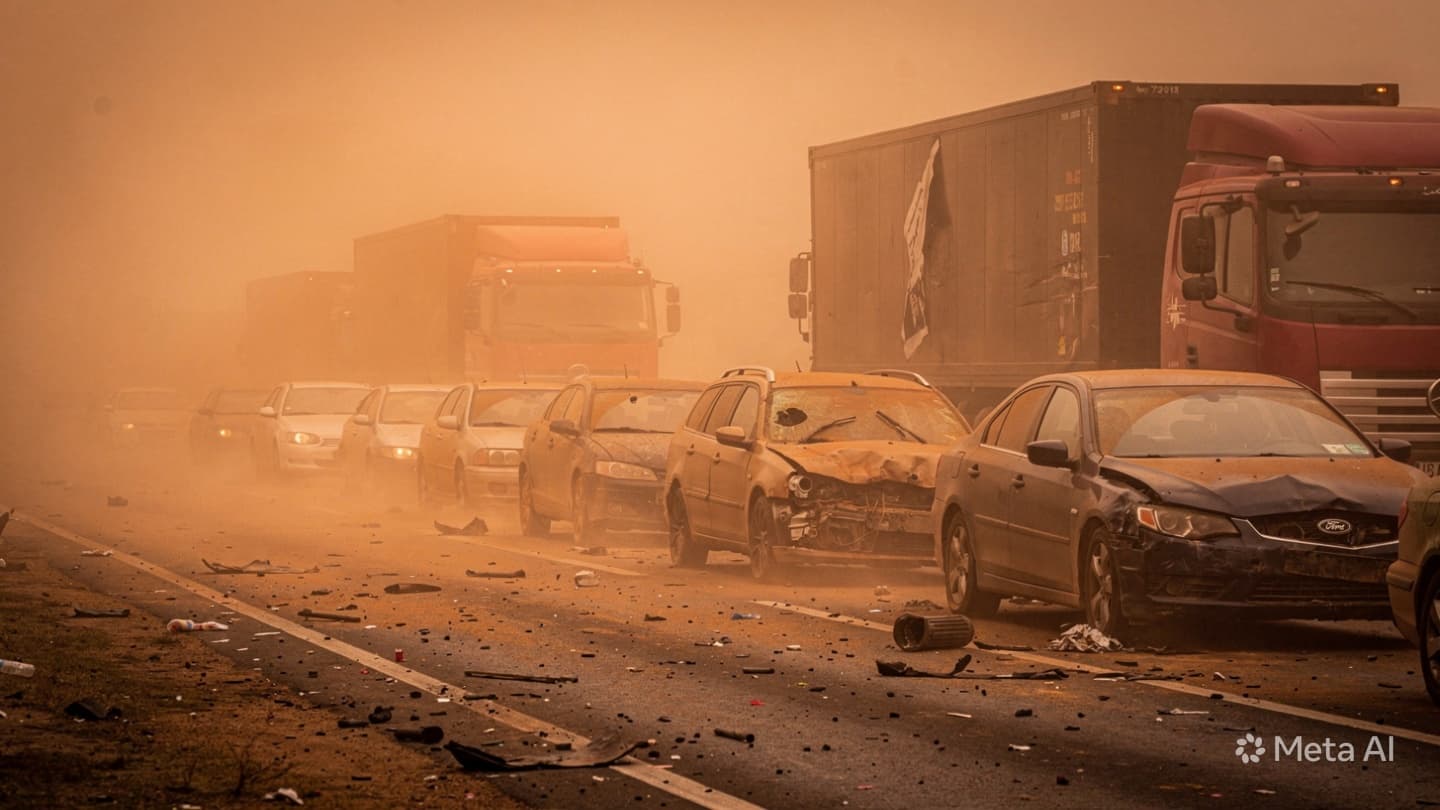 Desert Highway Disaster: Three Dead in Massive Dust Storm Multi-Car Pileup in Egypt Desert Highway Disaster: Three Dead in Massive Dust Storm Multi-Car Pileup in Egypt