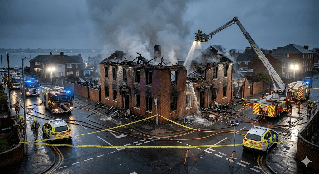 Roof Collapses as Dramatic Inferno Tears Through Derelict Gosport Building Roof Collapses as Dramatic Inferno Tears Through Derelict Gosport Building