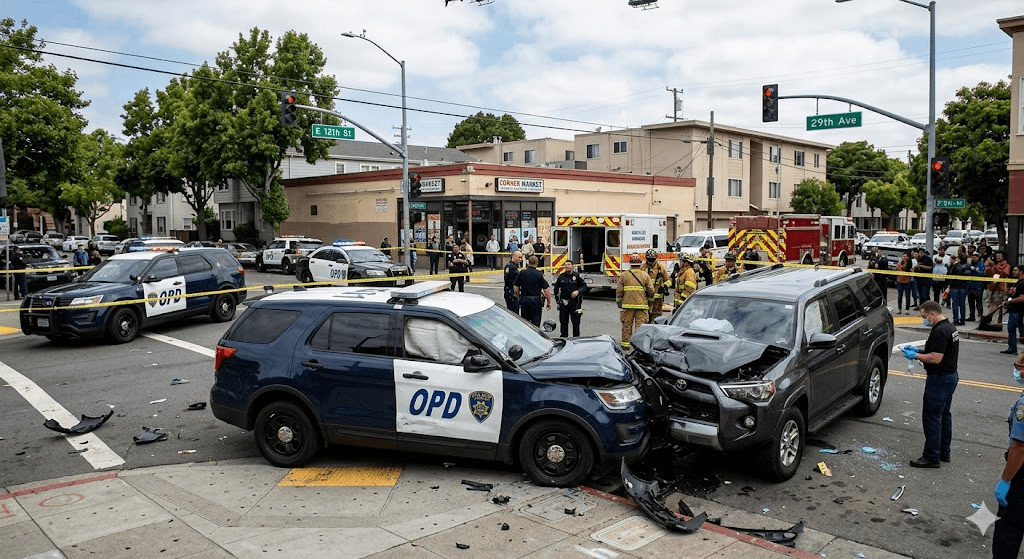 Tragedy in Oakland: 2 Dead After Stolen SUV Crashes Into Police Vehicle, Injuring Officer Tragedy in Oakland: 2 Dead After Stolen SUV Crashes Into Police Vehicle, Injuring Officer