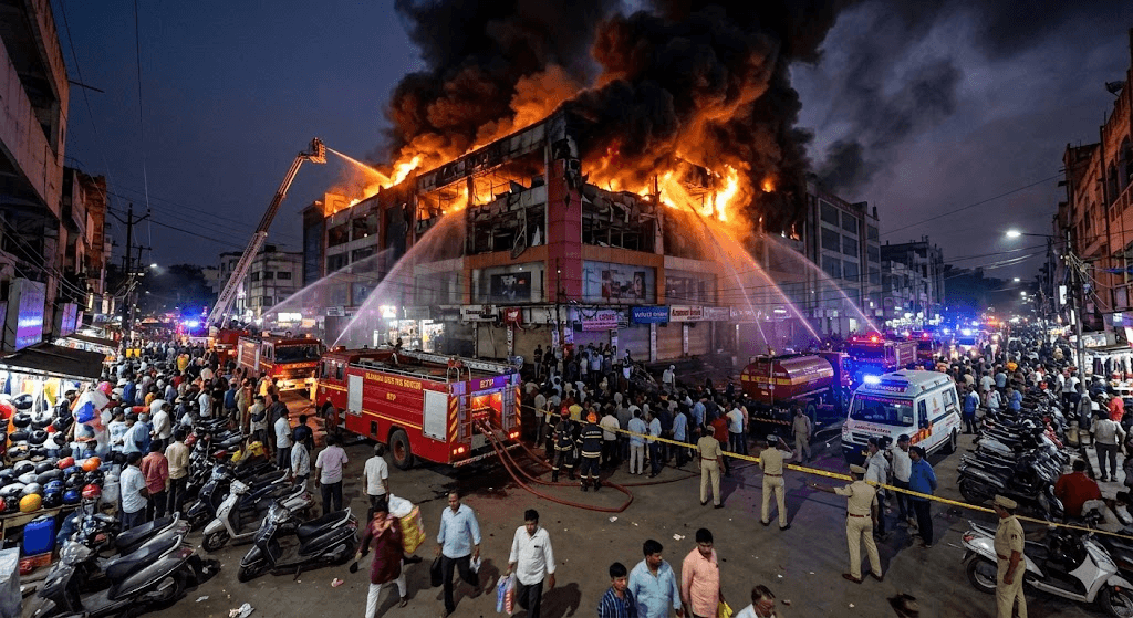 Massive Fire Erupts at Busy Shopping Complex in Hyderabad's Helmet Bazaar Massive Fire Erupts at Busy Shopping Complex in Hyderabad's Helmet Bazaar