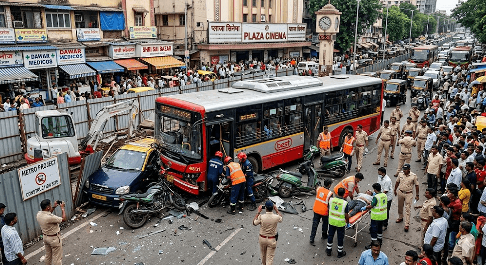 Out-of-Control BEST Bus Rams Near Mumbai’s Dadar Cinema: 1 Dead, 4 Injured After Crashing Into Pedestrians and Vehicles Out-of-Control BEST Bus Rams Near Mumbai’s Dadar Cinema: 1 Dead, 4 Injured After Crashing Into Pedestrians and Vehicles