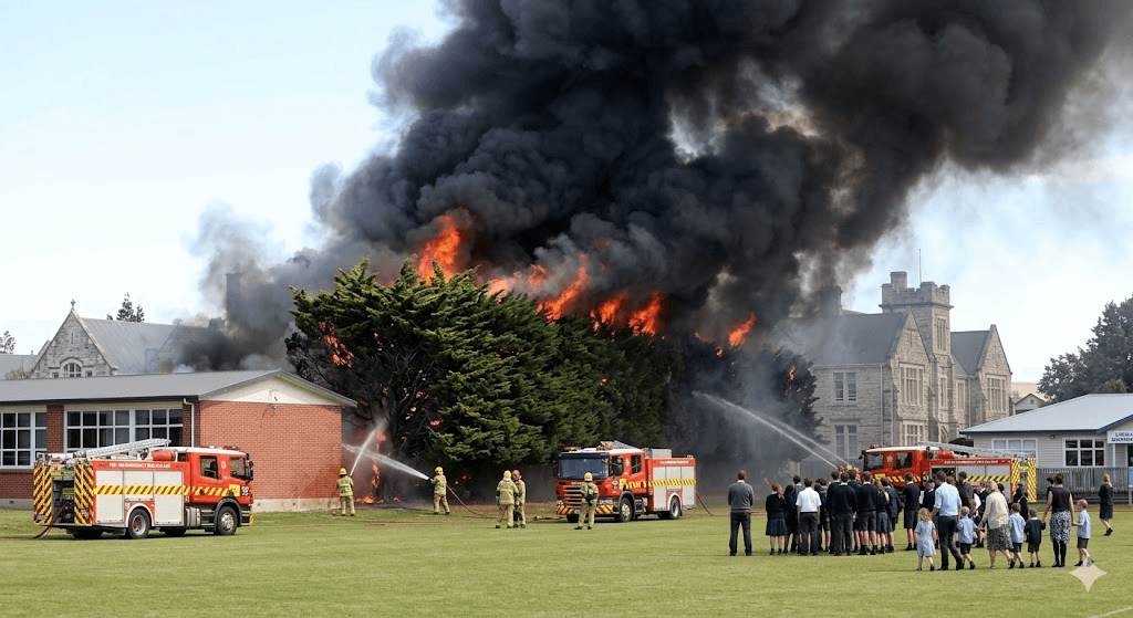 Blaze at Waitaki Boys': Massive Fire Rips Through Macrocarpa Hedge at Oamaru School Blaze at Waitaki Boys': Massive Fire Rips Through Macrocarpa Hedge at Oamaru School