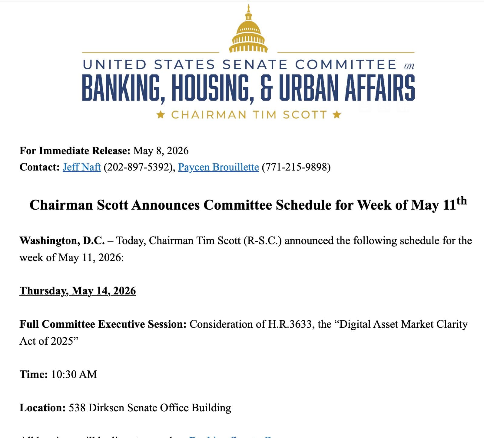 U.S. Senate Banking Committee Sets Crypto CLARITY Act Vote for May 14 U.S. Senate Banking Committee Sets Crypto CLARITY Act Vote for May 14