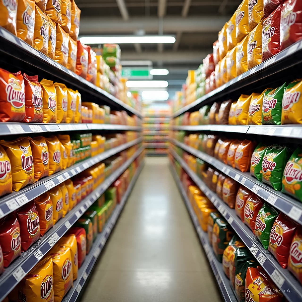 Grocery store snack aisle with branded chip bags on shelves and visible price tags. Grocery store snack aisle with branded chip bags on shelves and visible price tags.
