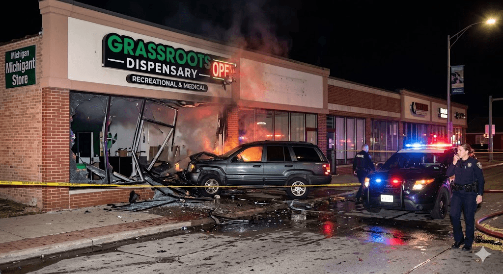 Flames and Fragrance: Two Suspects Wanted After Crashing into Michigan Weed Store and Igniting Fire Flames and Fragrance: Two Suspects Wanted After Crashing into Michigan Weed Store and Igniting Fire
